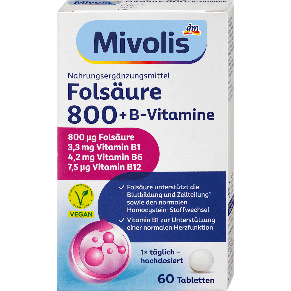 Mivolis Acide folique 800 + vitamines B 60 comprimés 19 g — produit allemand authentique au Maroc