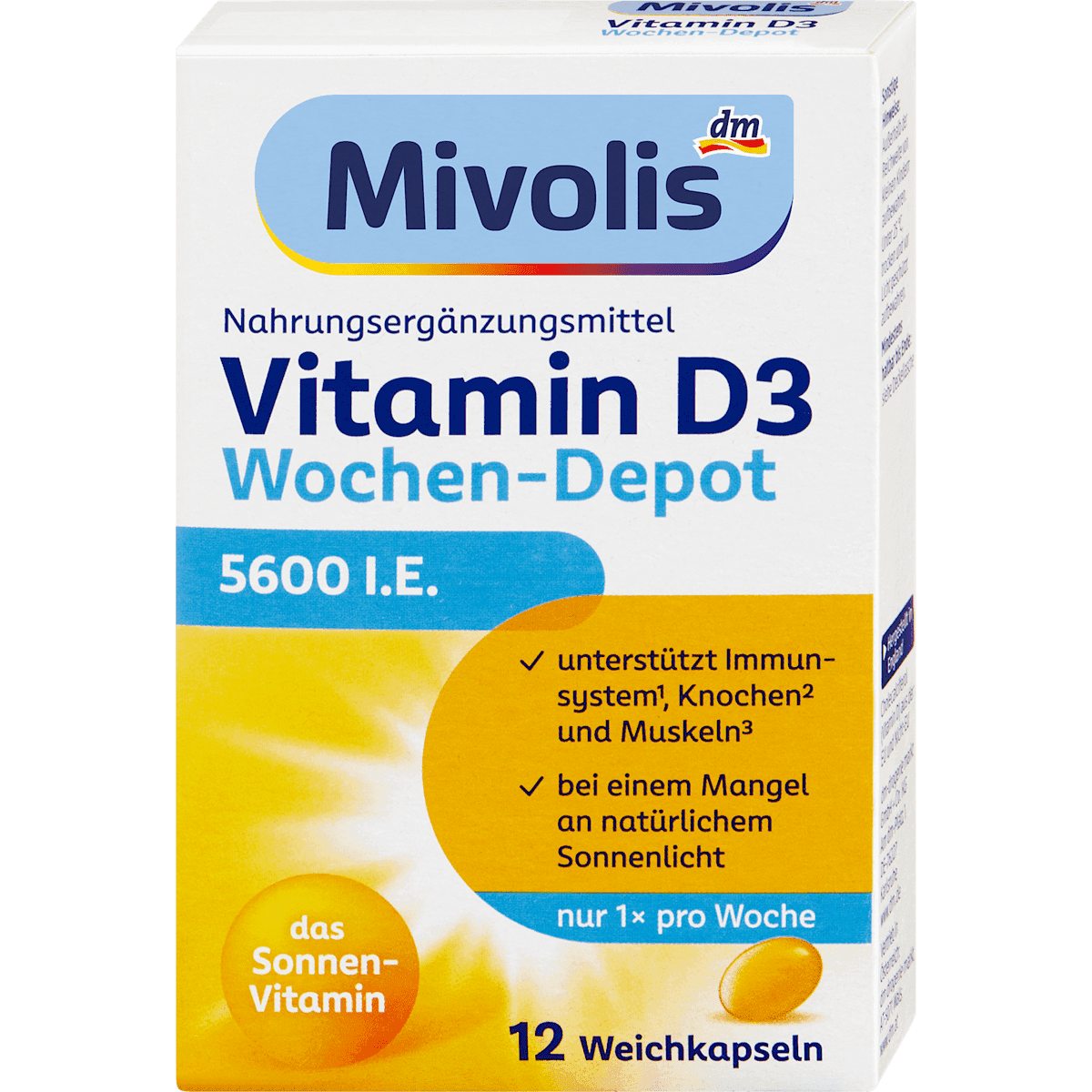Mivolis Vitamine D3 5600 U.I. capsules hebdomadaires 12 pièces 5 g — produit allemand authentique au Maroc