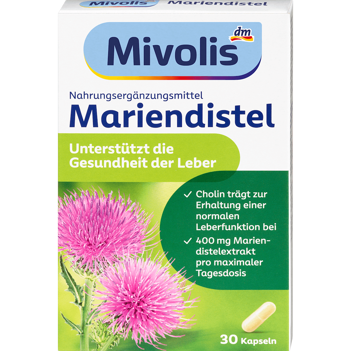 Mivolis Capsules chardon-Marie 30 pièces 16 g — produit allemand authentique au Maroc