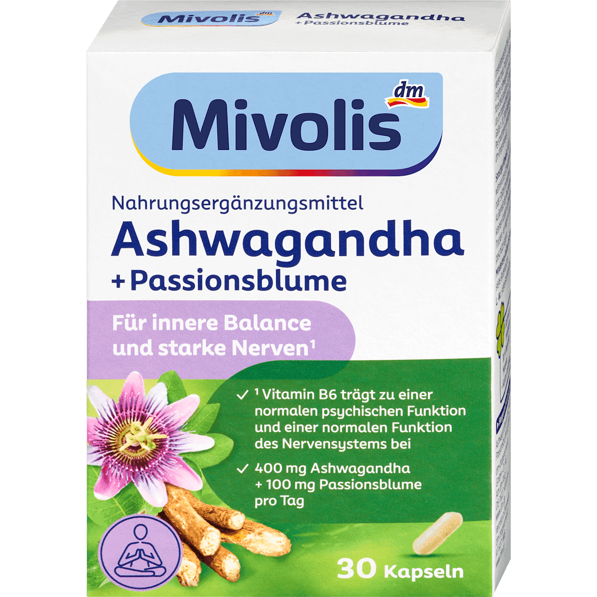 Mivolis Ashwagandha + passiflore 30 capsules 13,7 g — produit allemand authentique au Maroc