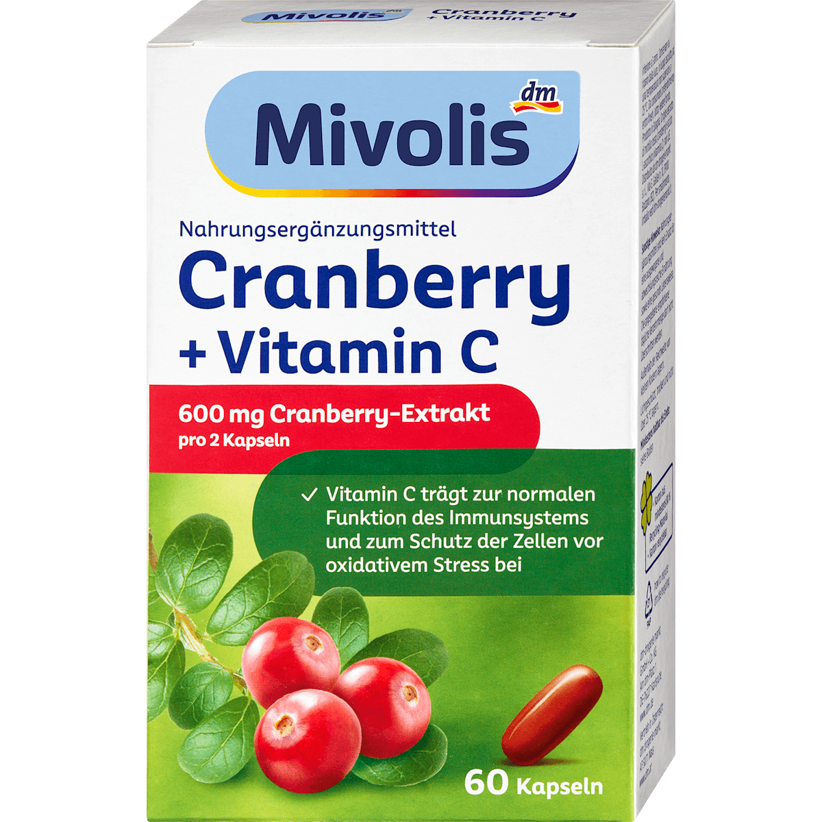 Mivolis Canneberge + Vitamine C gélules 60 pièces 68 g — produit allemand authentique au Maroc