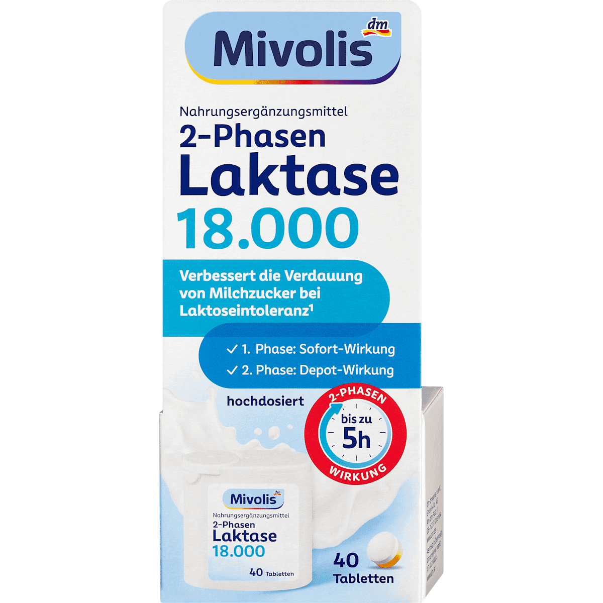Mivolis Lactase 18.000 comprimés 2 phases 40 pièces 20 g — produit allemand authentique au Maroc
