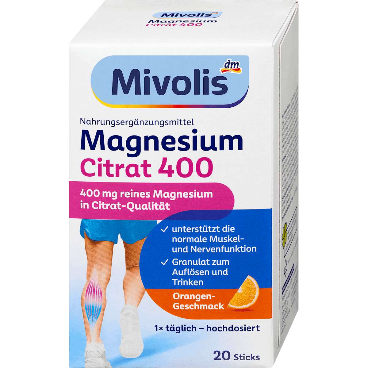 Mivolis Citrate de magnésium 400 granulés sticks 20 pc 120 g — produit allemand authentique au Maroc