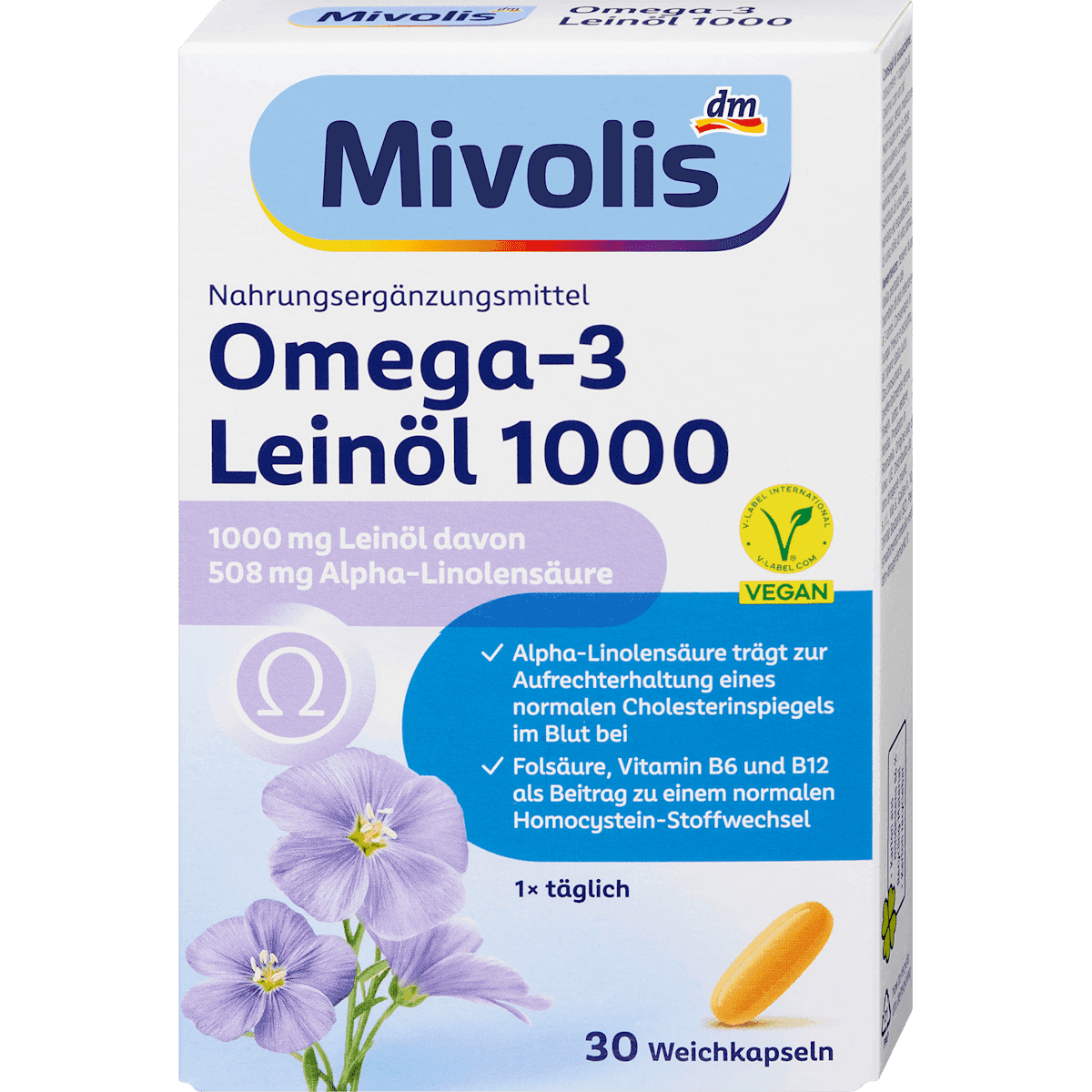 Mivolis Omega-3 Huile de lin 1000 capsules 30 pièces, 46,9 g — produit allemand authentique au Maroc