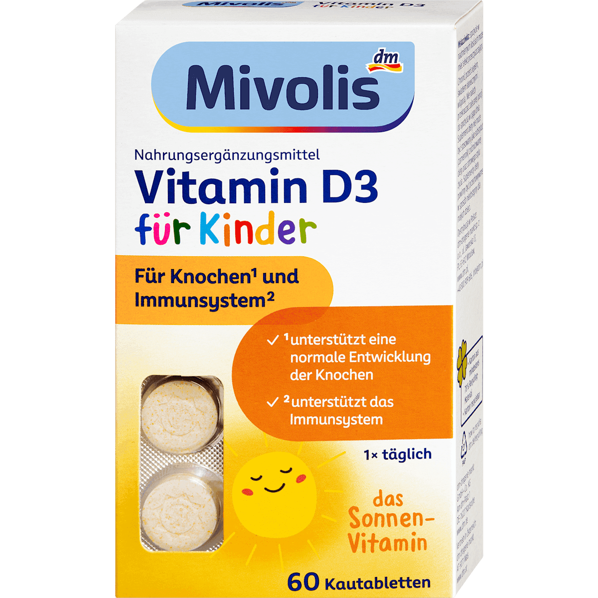 Mivolis Vitamine D3 enfants comprimés à croquer 60 pièces 51 g — produit allemand authentique au Maroc