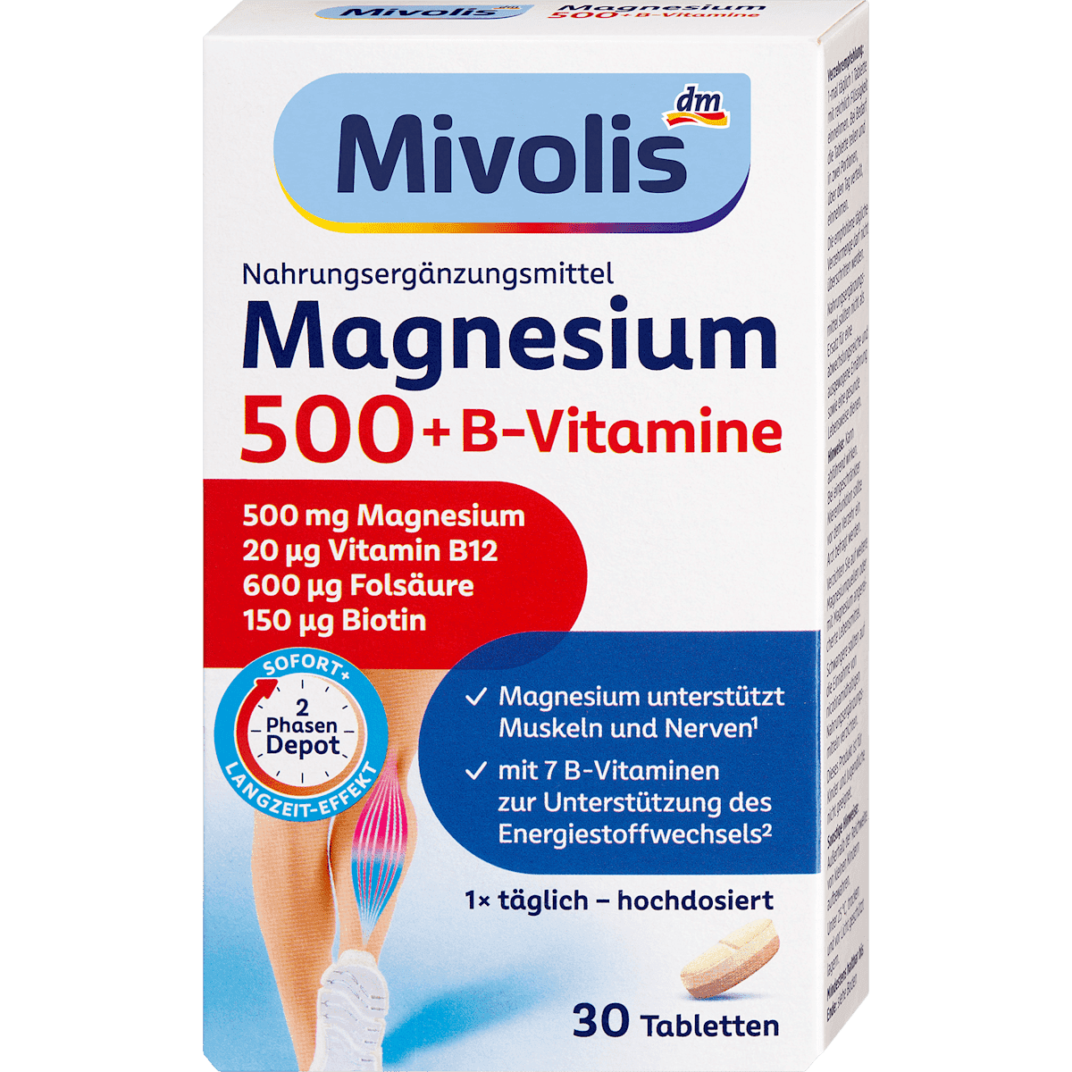 Mivolis Magnésium 500 + vitamines B comprimés 2 phases 30 pièces 45 g — produit allemand authentique au Maroc