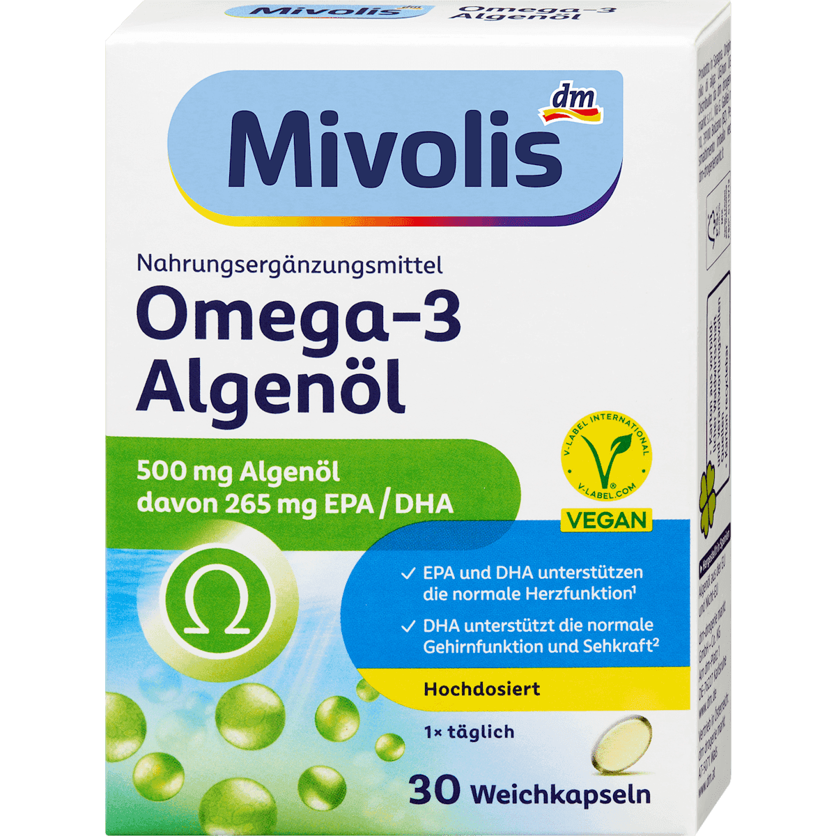 Mivolis Capsules huile d'algues Oméga-3 30 pièces 21,6 g — produit allemand authentique au Maroc