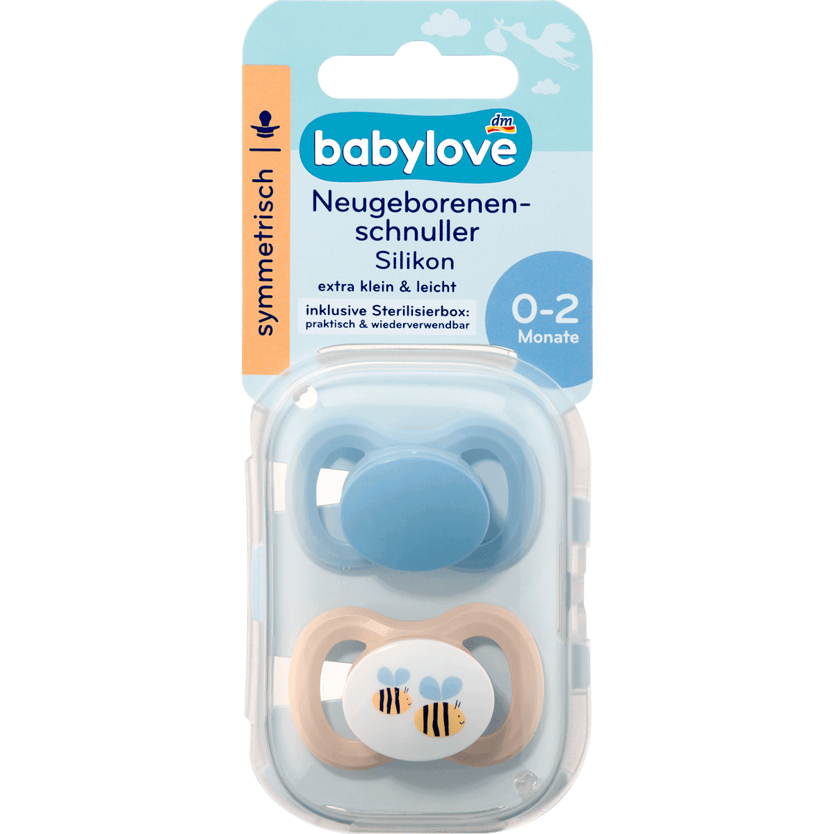 babylove Sucette pour nouveau-nés silicone symétrique bleu/beige, 2 pièces — produit allemand authentique au Maroc