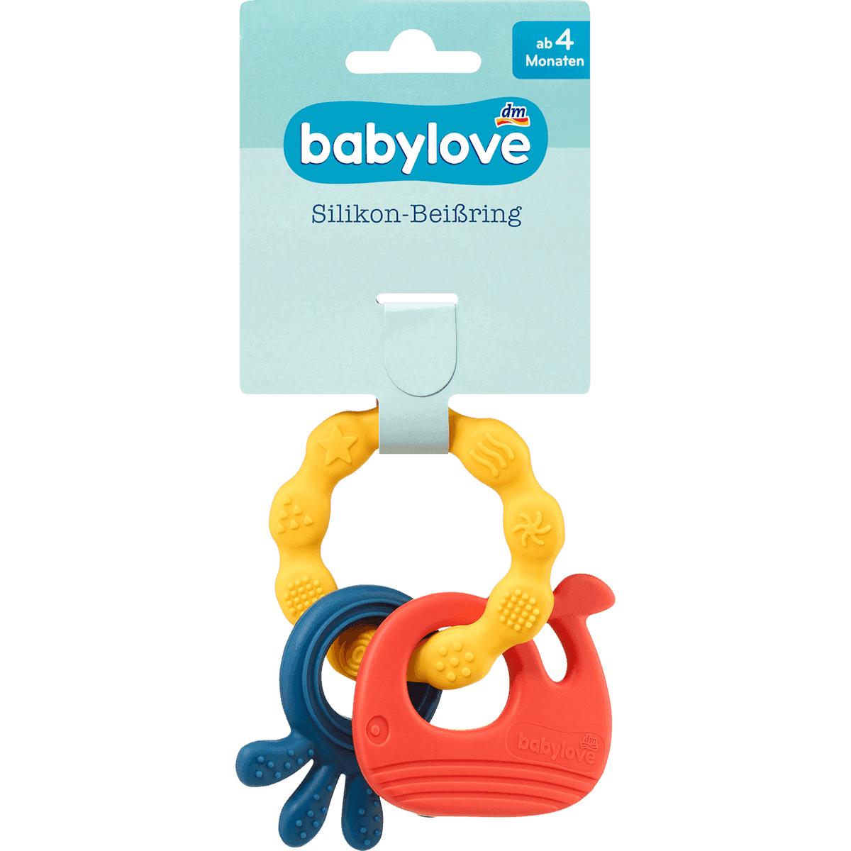 babylove Anneau de dentition silicone bleu/rouge/jaune, 1 pièce — produit allemand authentique au Maroc