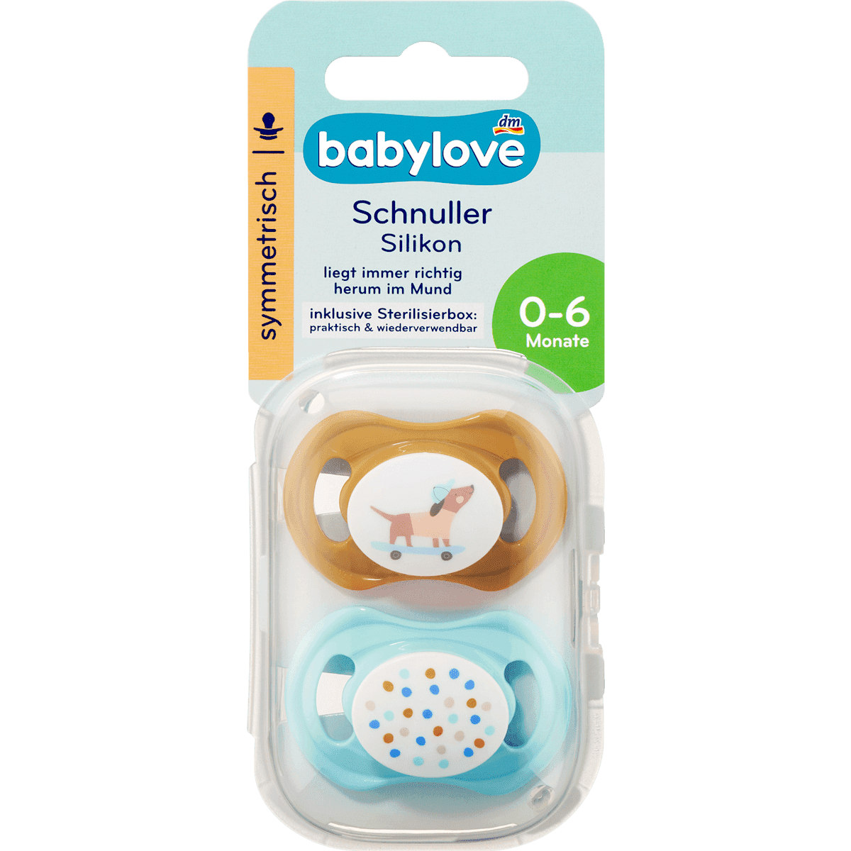 babylove Sucette silicone symétrique ocre/turquoise, T. 1, 0-6 mois, 2 pièces — produit allemand authentique au Maroc