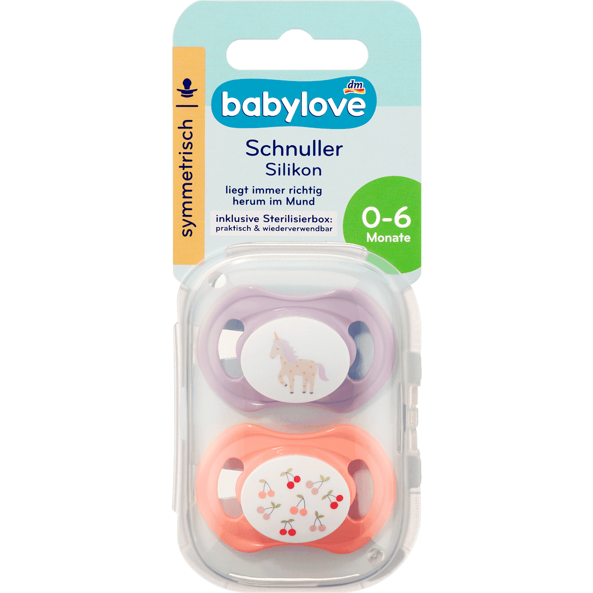 babylove sucette silicone symétrique lilas/rose taille 1 0-6 mois 2 pièces — produit allemand authentique au Maroc