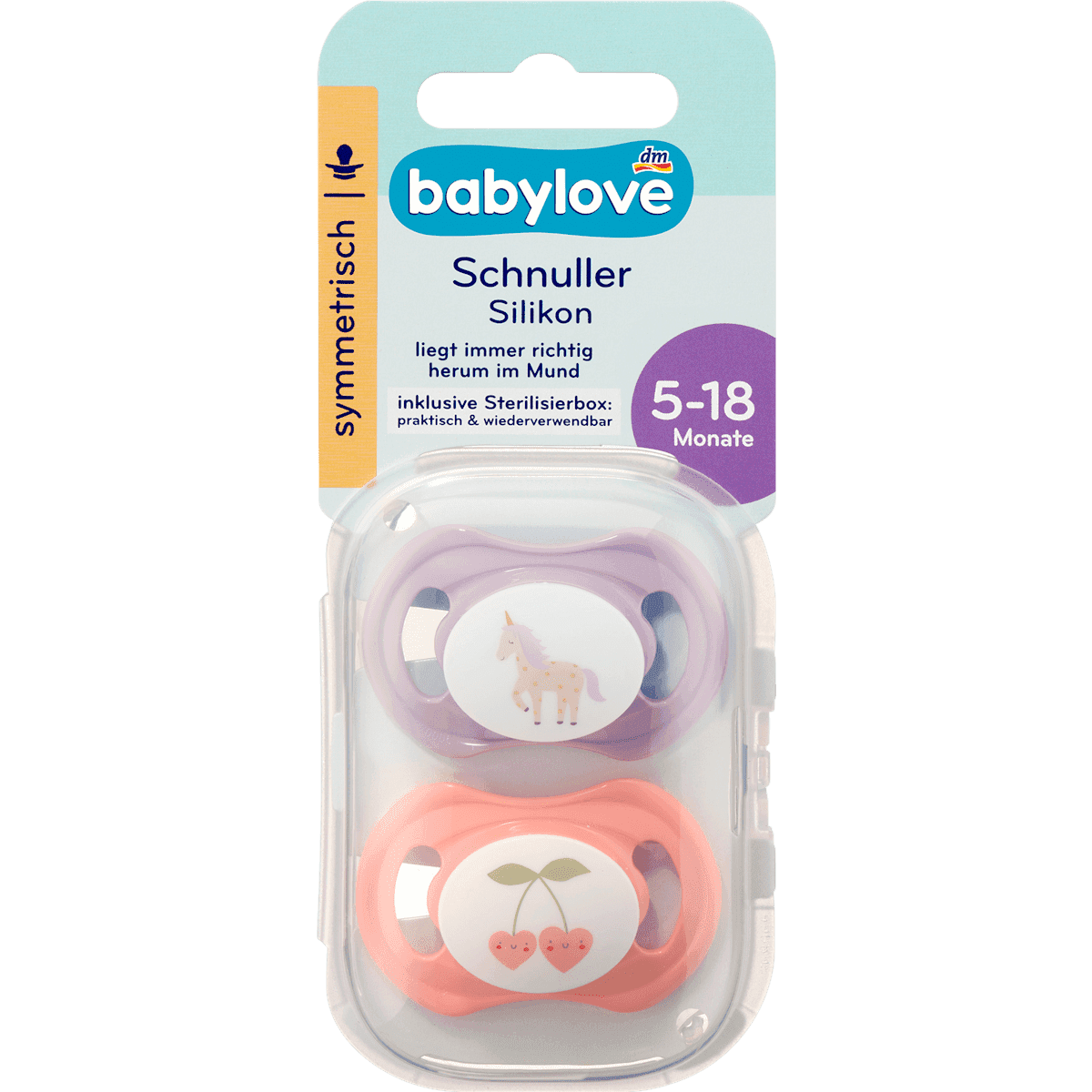 babylove Sucette silicone symétrique violet/rose T. 2 5-18 mois 2 pièces — produit allemand authentique au Maroc