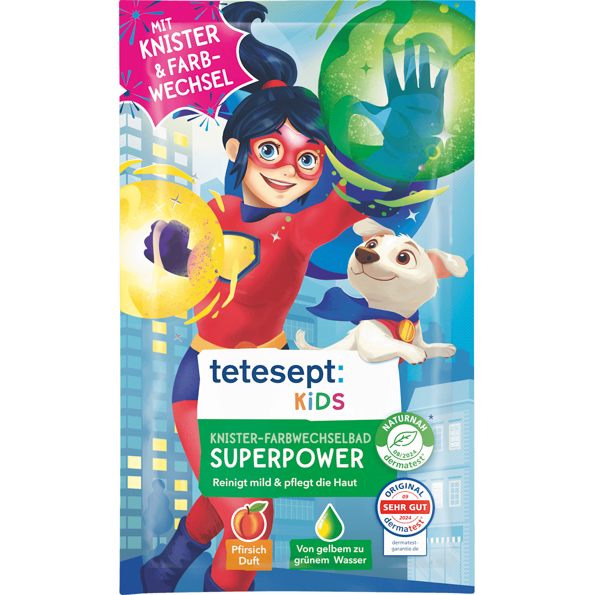 tetesept : KIDS Enfant Bain moussant Knister-Farbwechselbad Superpower, 45 g — produit allemand authentique au Maroc