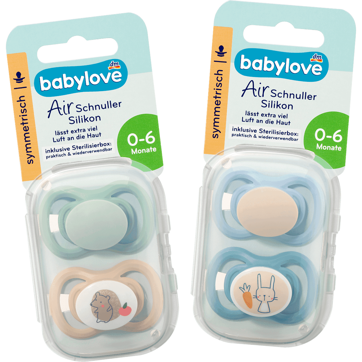 babylove Tétine Air silicone symétrique, mint/beige & bleu/bleu pétrole, taille 1, 0-6 mois, 4 pièces — produit allemand authentique au Maroc