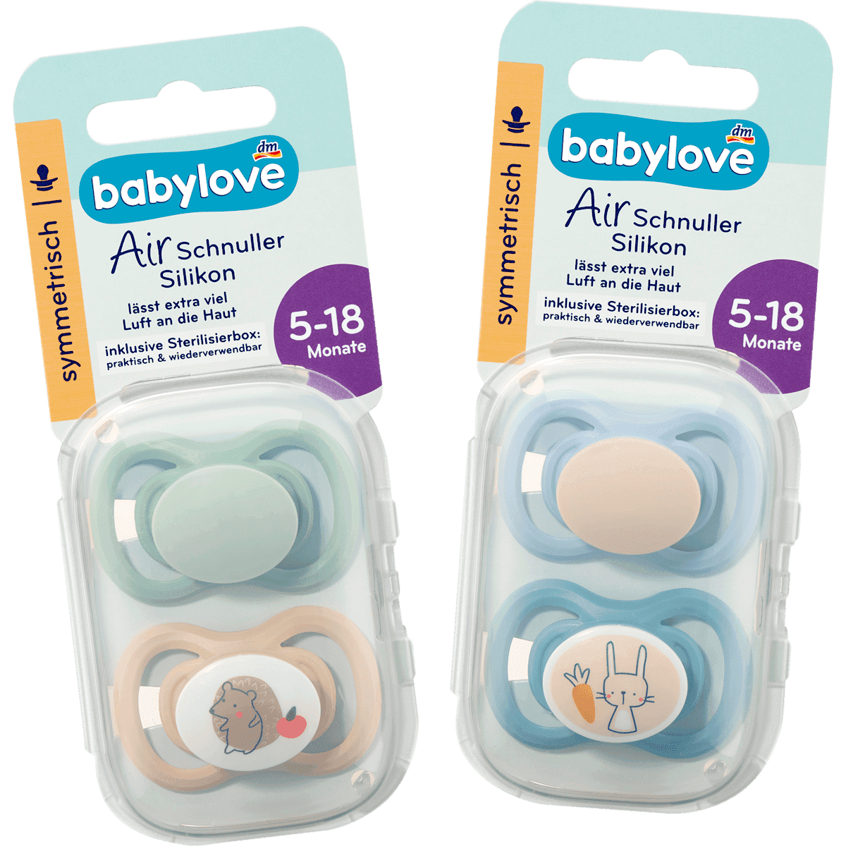 babylove Tétine Air silicone symétrique, mint/beige & bleu/bleu pétrole, taille 2, 5-18 mois, 4 pièces — produit allemand authentique au Maroc