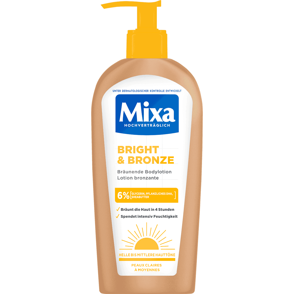 Mixa Lait corporel bronzant Bright & Bronze, 250 ml — produit allemand authentique au Maroc