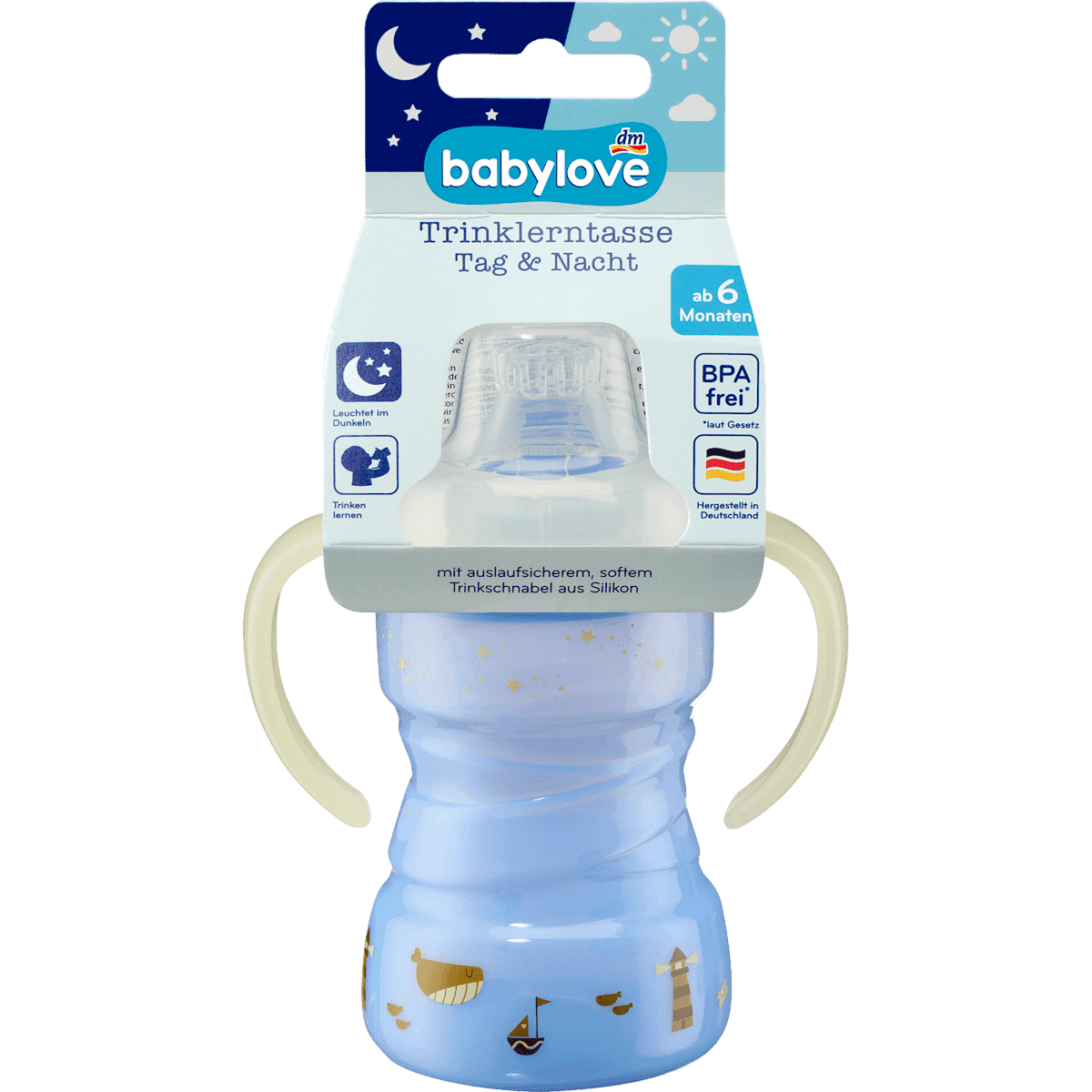 babylove Tasse d'apprentissage jour & nuit bleu, dès 6 mois, 260 ml, 1 pièce — produit allemand authentique au Maroc