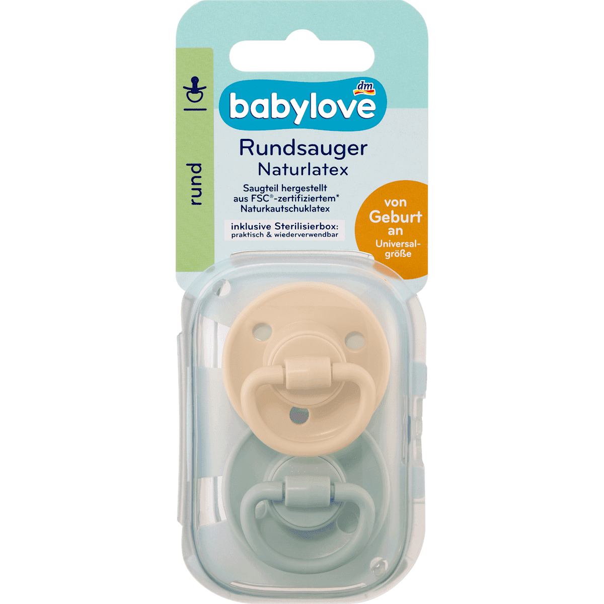 babylove Tétine latex ronde, crème/vert, dès la naissance, 2 pièces — produit allemand authentique au Maroc