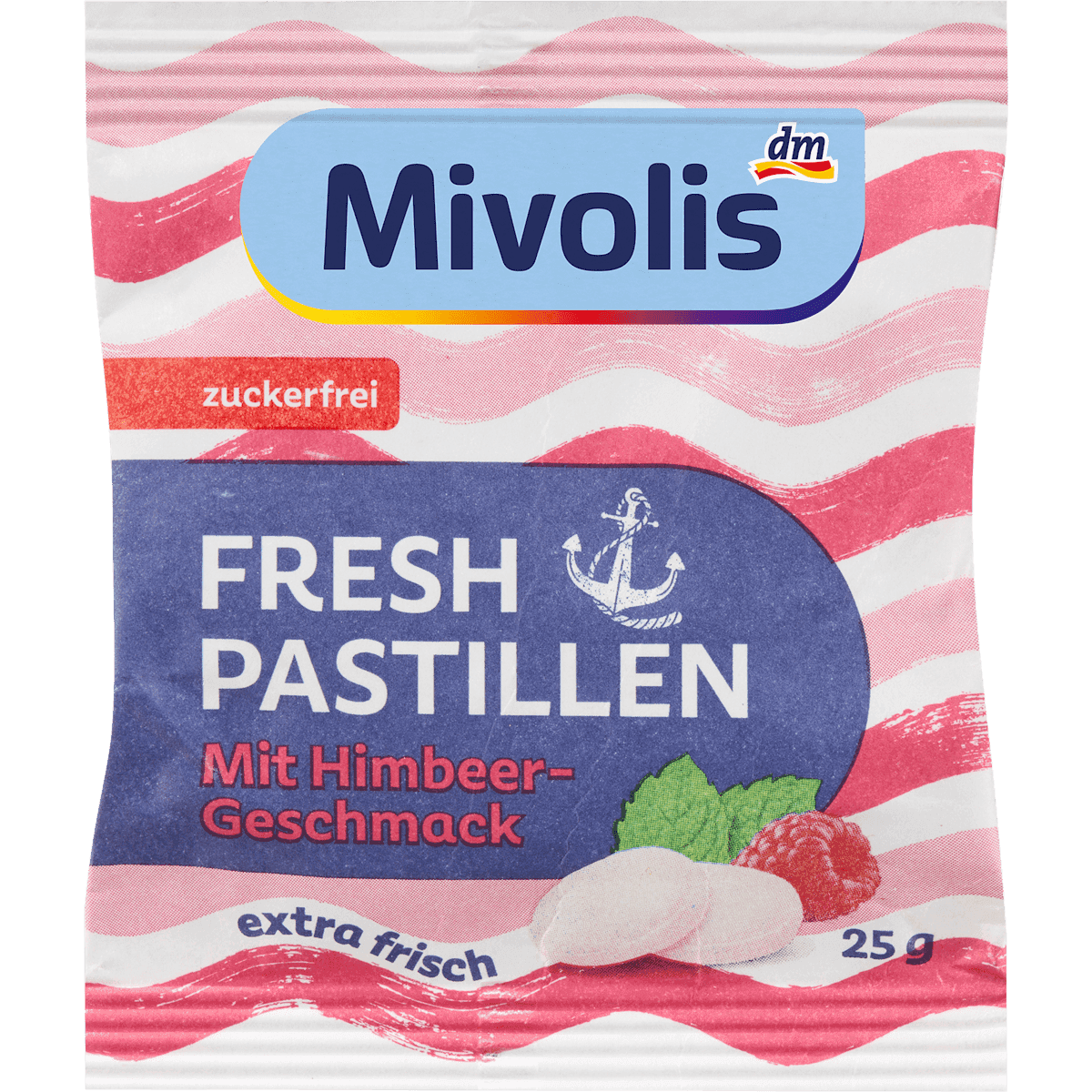Mivolis pastilles, Fresh framboise, sans sucre, 25 g — produit allemand authentique au Maroc