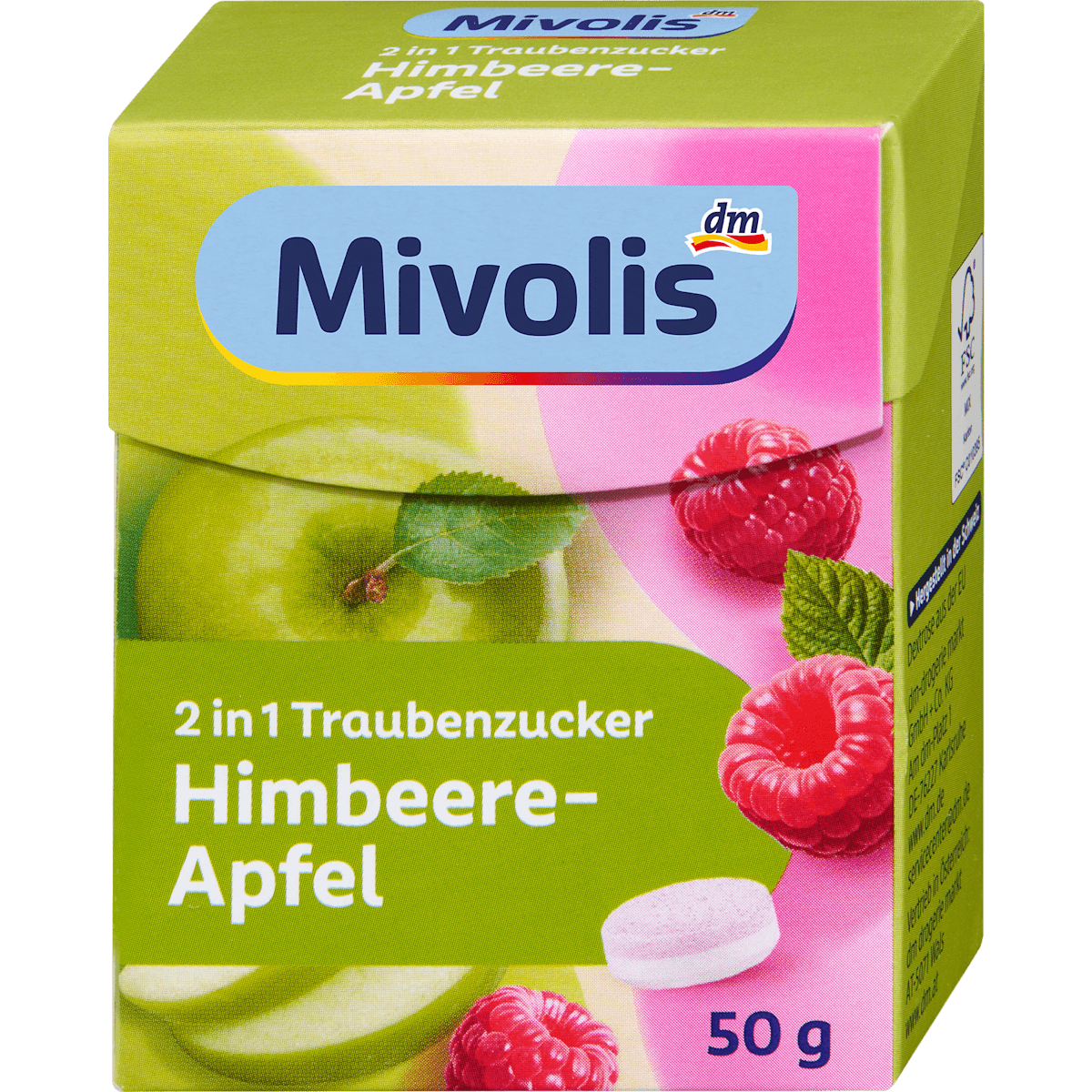 Mivolis Dextrose 2in1, framboise-pomme, 50 g — produit allemand authentique au Maroc