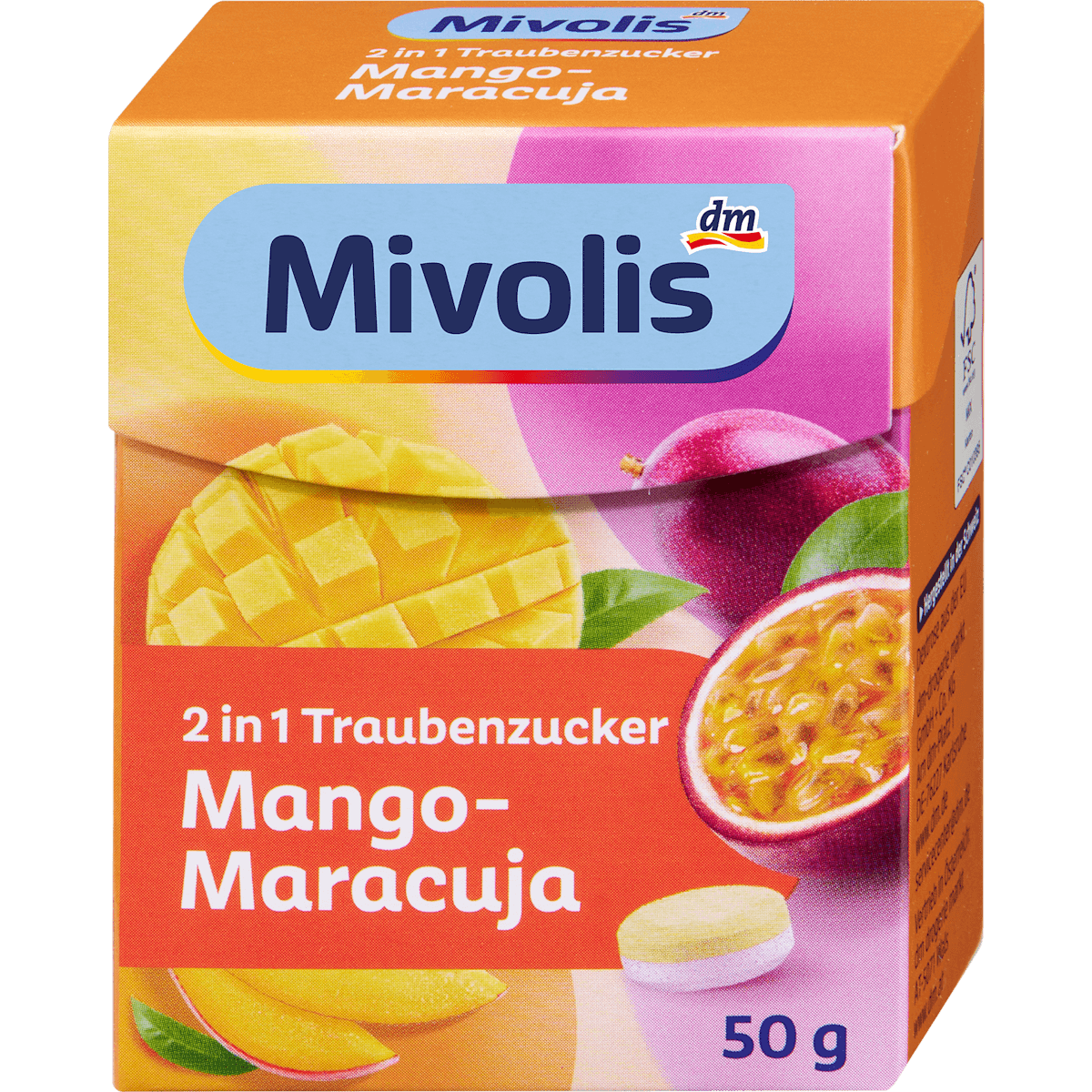 Mivolis Dextrose 2in1, mangue-passion, 50 g — produit allemand authentique au Maroc