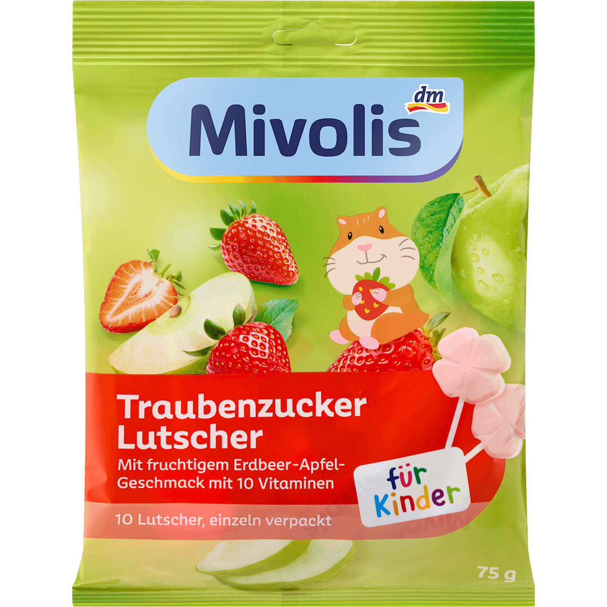 Mivolis Sucettes au dextrose fraise pomme, 75 g — produit allemand authentique au Maroc