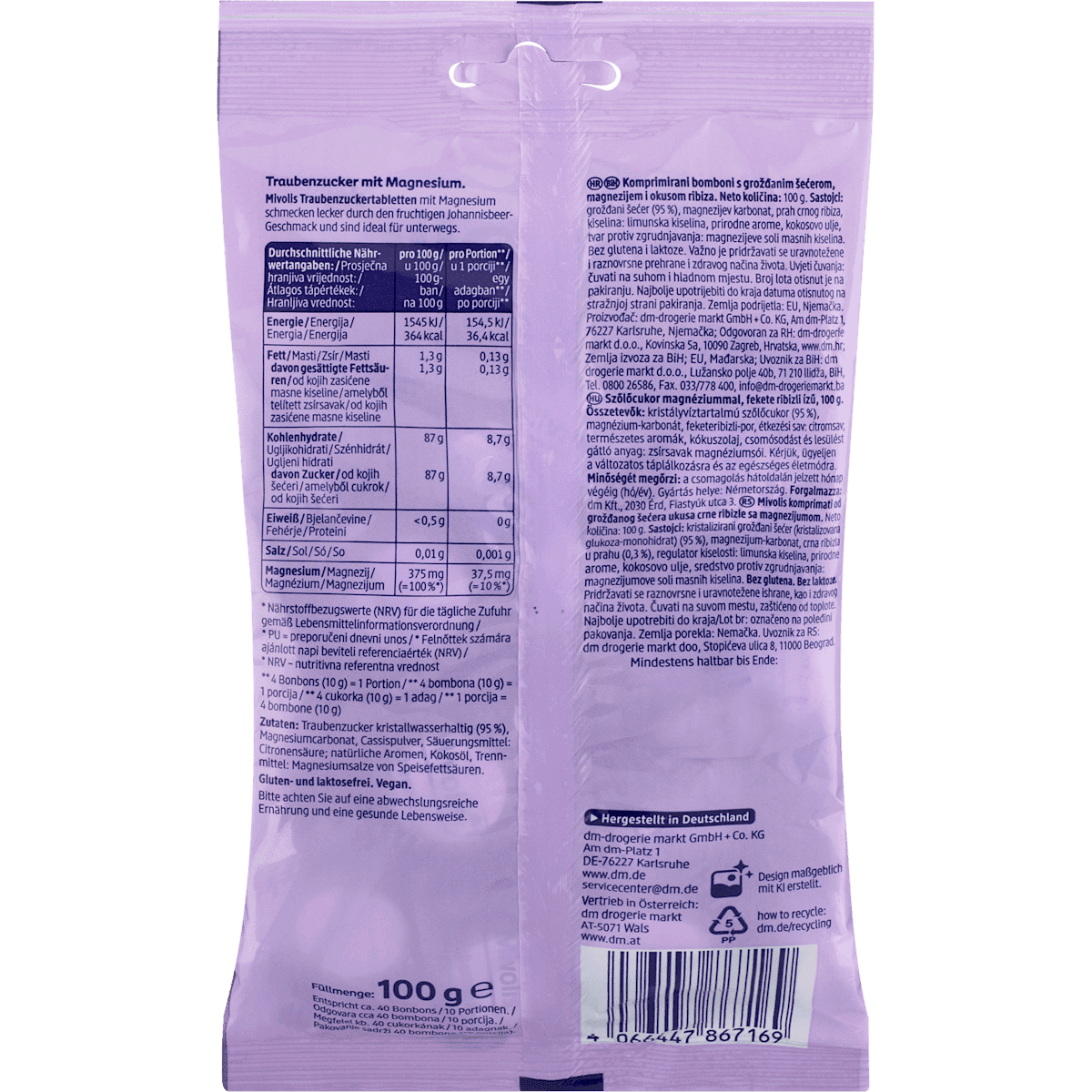 Mivolis Dextrose avec Magnésium, Johannisbeer-goût, 100 g (Mivolis Traubenzucker mit Magnesium, Johannisbeer-Geschmack, 100 g) — produit allemand authentique au Maroc