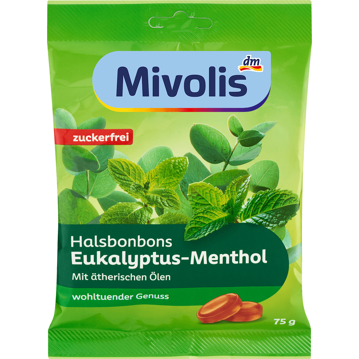 Mivolis Bonbons, Bonbons pour la gorge Euklyptus-Menthol, sans sucre, 75 g — produit allemand authentique au Maroc