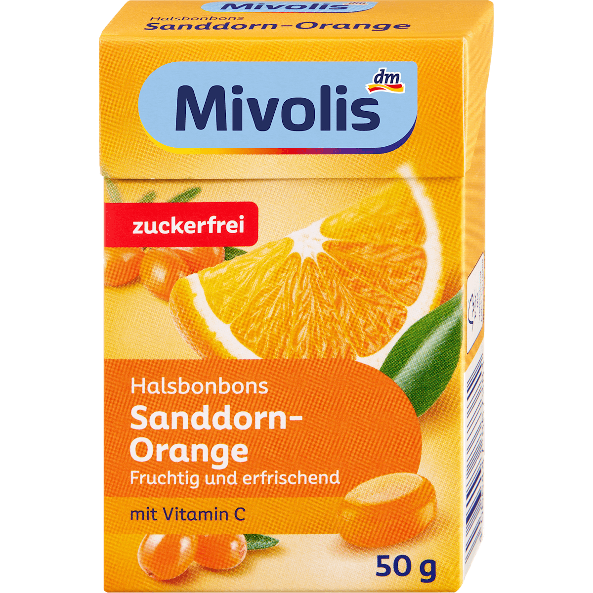 Mivolis Bonbons, argousier-orange, sans sucre, 50 g — produit allemand authentique au Maroc