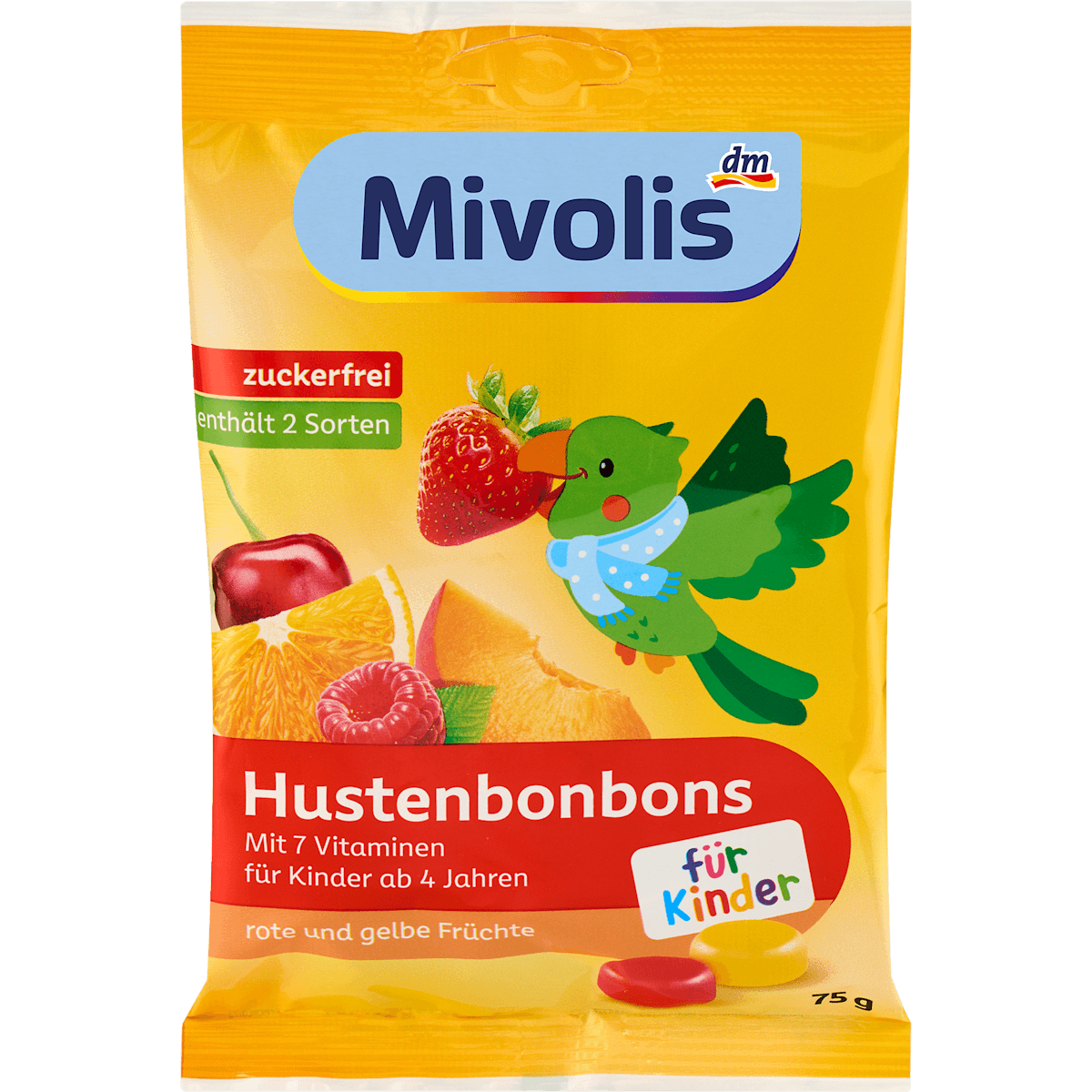 Mivolis Bonbons, rote et gelbe fruits pour Enfant, sans sucre, 75 g — produit allemand authentique au Maroc
