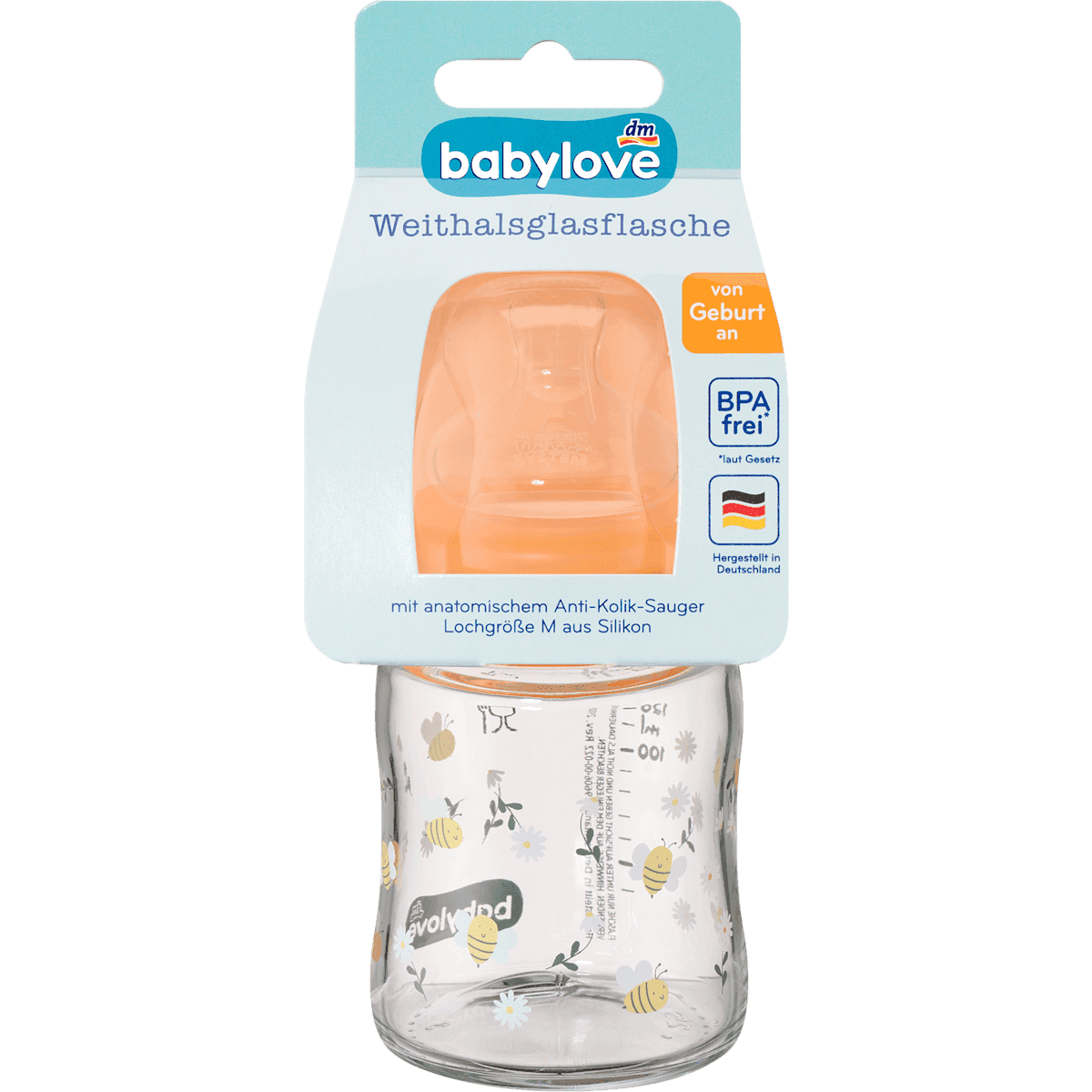 babylove Biberon en verre col large orange, 120 ml, 1 pièce — produit allemand authentique au Maroc