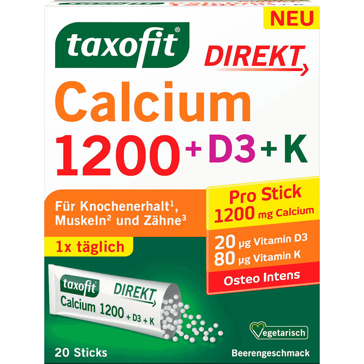 taxofit Calcium direct 1200 + D3 + K Sticks 20 pièces, 90 g — منتج ألماني أصلي في المغرب