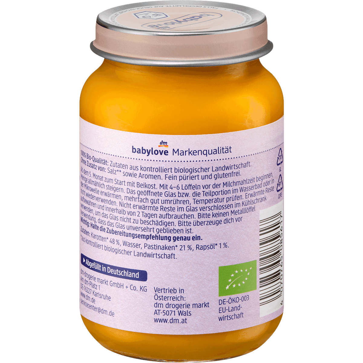 babylove légumes carottes avec panais dès 5 mois, 190 g (Babylove Gemüse Karotten mit Pastinake ab dem 5. Monat, 190 g) — produit allemand authentique au Maroc