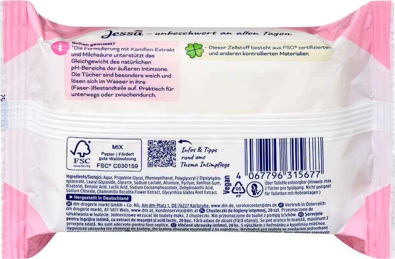 Jessa Lingettes intimes Doux & Frais, 20 pièces