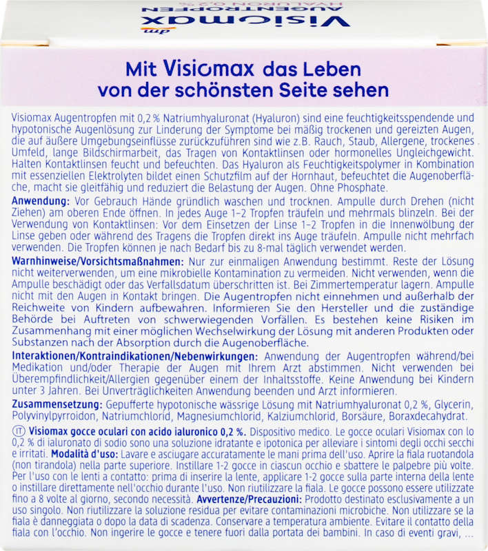 Visiomax Gouttes Oculaires 0,2% Hyaluron sans Conservateur 15x0,4 ml 6 ml