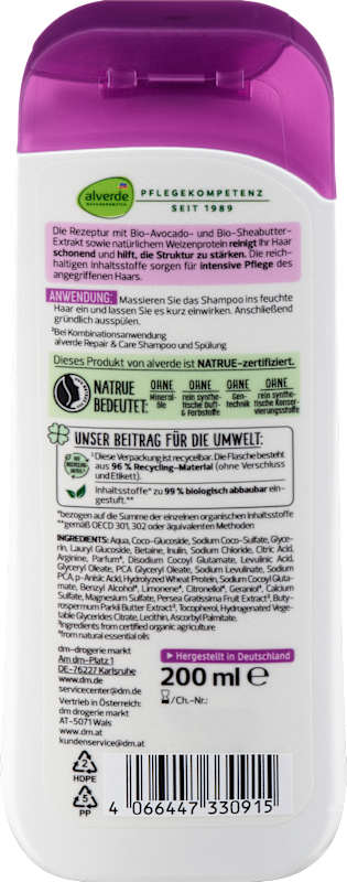 alverde NATURKOSMETIK Shampooing Repair avocat, beurre de karité, 200 ml