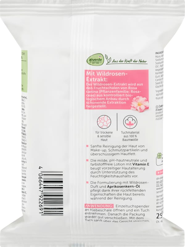 alverde NATURKOSMETIK Lingettes nettoyantes rose sauvage 25 pièces