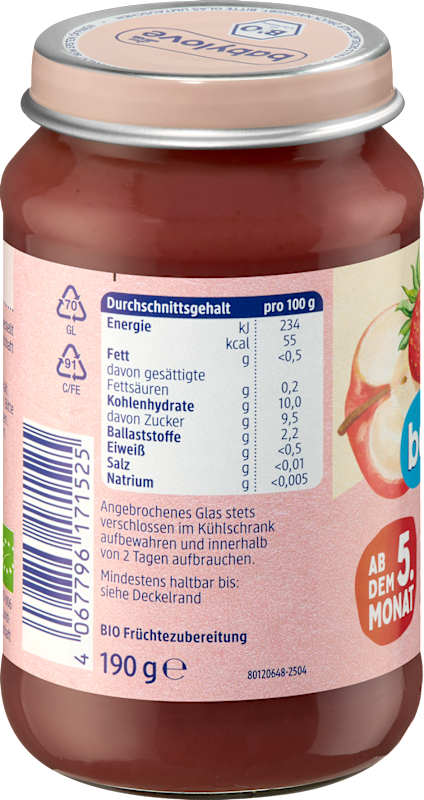 babylove Fruits fraise & framboise en pomme dès 5 mois 190 g