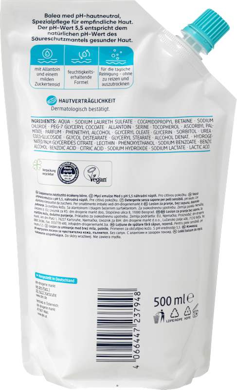 Balea med Lotion lavante sans savon & neutre pour la peau recharge, 500 ml