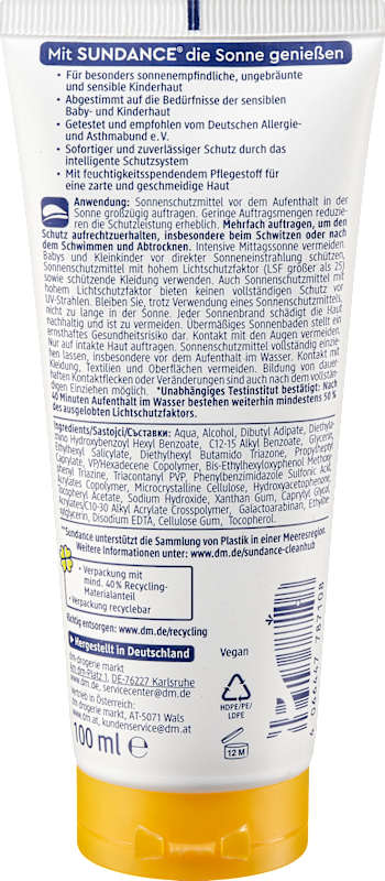 SUNDANCE crème solaire enfants MED ultra sensible, LSF 50+, 100 ml