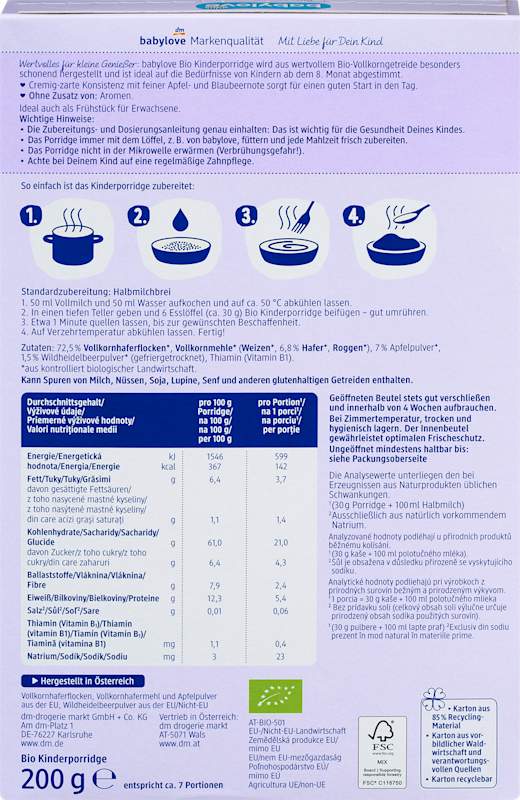 babylove Porridge pomme-myrtille dès le 8e mois 200 g