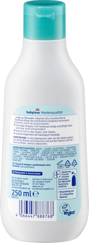 babylove bain & shampoing bébé ultra sensitive 250 ml