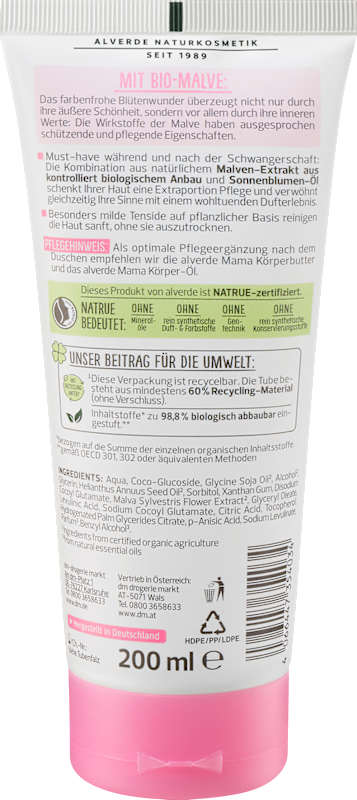 alverde NATURKOSMETIK douche crème-huile Mama mauve, 200 ml