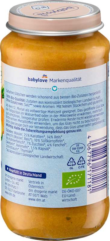 babylove Menu riz aux légumes patate douce et poulet dès 12 mois 250 g