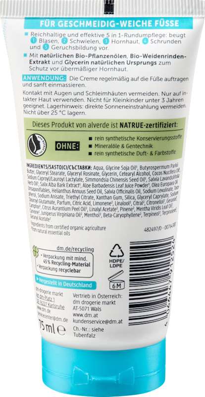 alverde NATURKOSMETIK Crème pieds 5en1 sauge & écorce de saule 75 ml