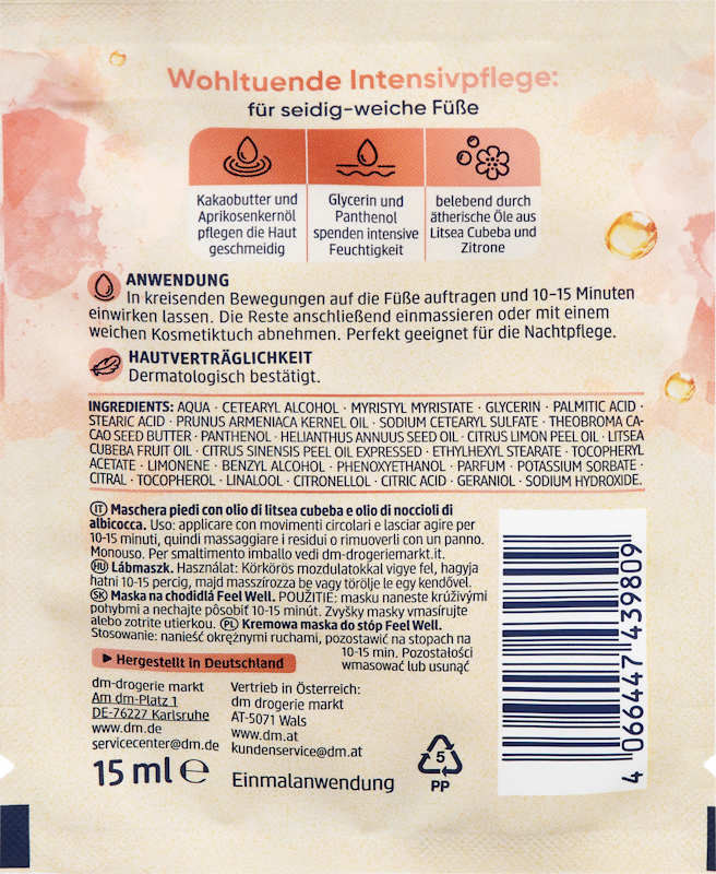 Balea masque pieds Feel Well litsea cubeba & huile noyau d'abricot 15 ml