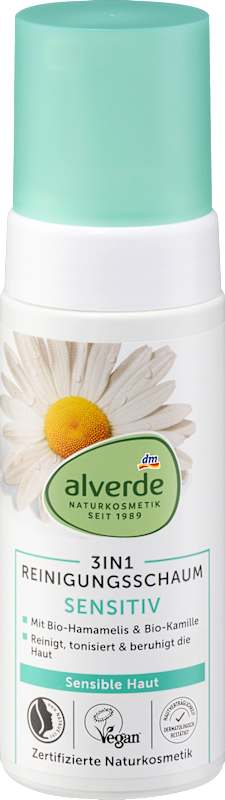 alverde Mousse nettoyante 3en1 Sensitiv hamamélis & camomille 150 ml