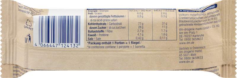 Sportness barre énergétique Natural Energy avoine complète canneberges framboises myrtilles 40 g