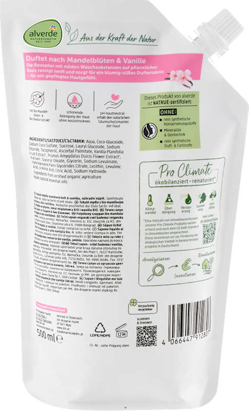 alverde NATURKOSMETIK Savon liquide fleur d'amandier & vanille recharge 500 ml