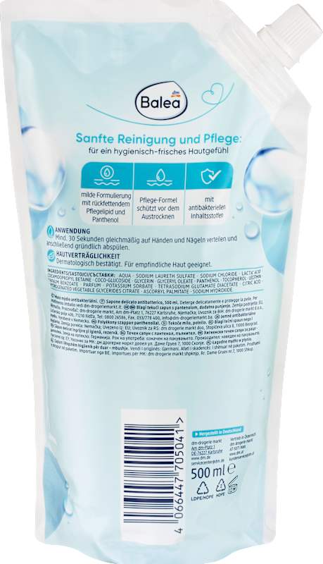 Balea Savon liquide doux soin & hygiène antibactérien recharge, 500 ml